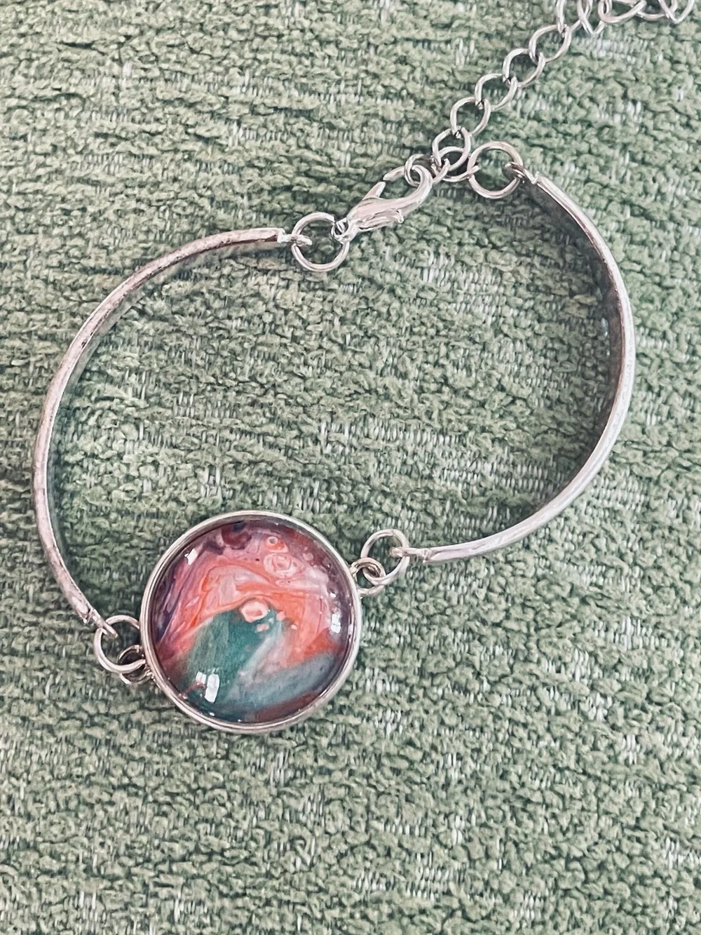 Handcrafted Silver Bracelet with Coral and Teal Glass Cabochon